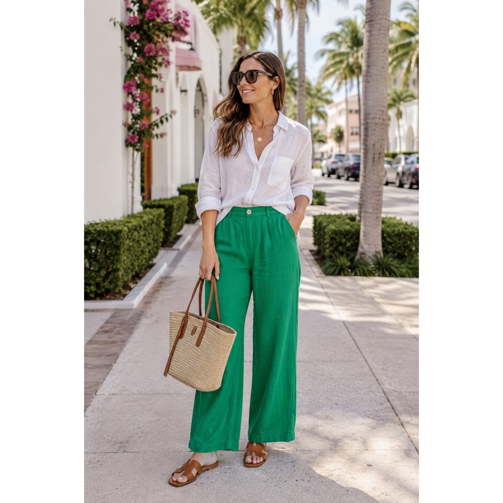 Lino USA Wide Leg Linen Blend Pants Womens Large Kelly Green High Waist Trousers